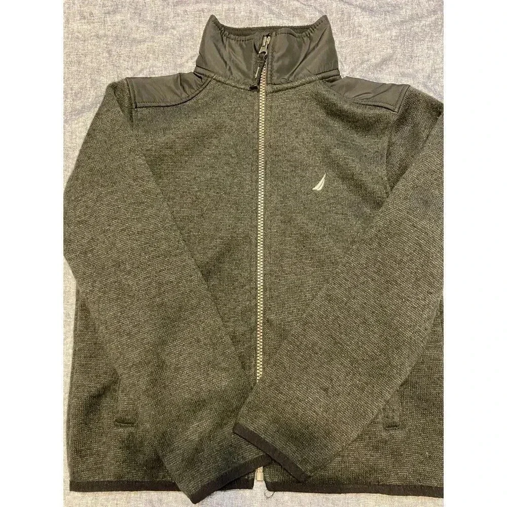 Nautica Boy's Size Small Gray Fleece Zip Front Jacket Black Vinyl Shoulder